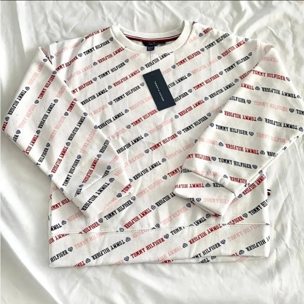 New Tommy Hilfiger Girls Preppy Sweater Hoodie Logo All Over Print Med 8-10